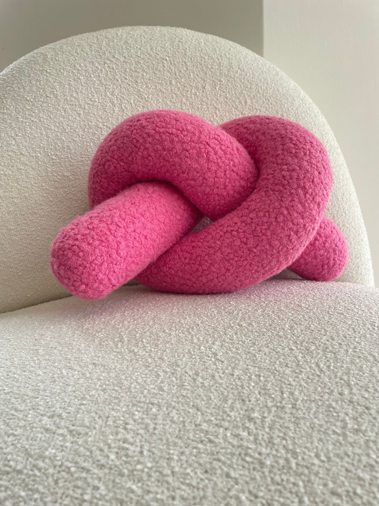 Pink Boucle Knot Pillow: Chunky Teddy Love Chain Cushion