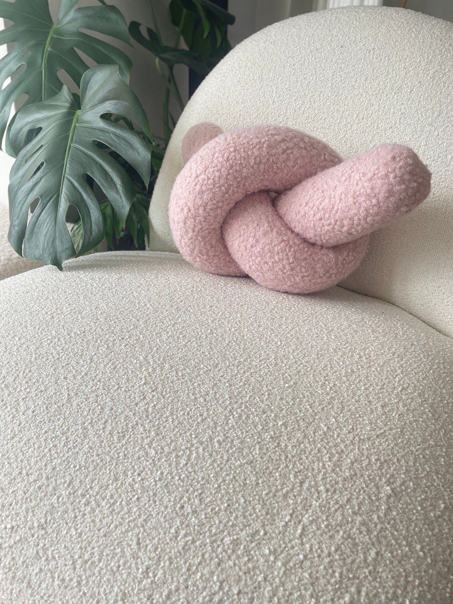 Powder Pink Boucle Knot Pillow: Handmade Decorative Cushion