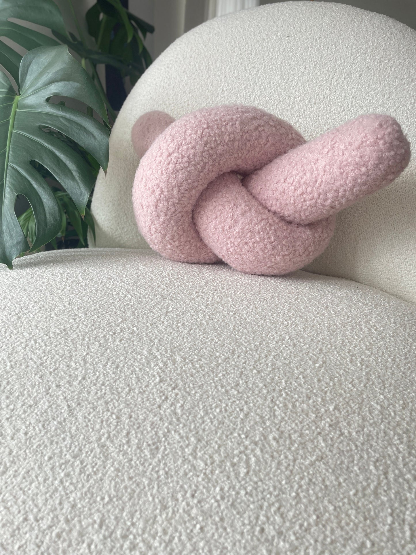 Powder Pink Boucle Knot Pillow: Handmade Decorative Cushion