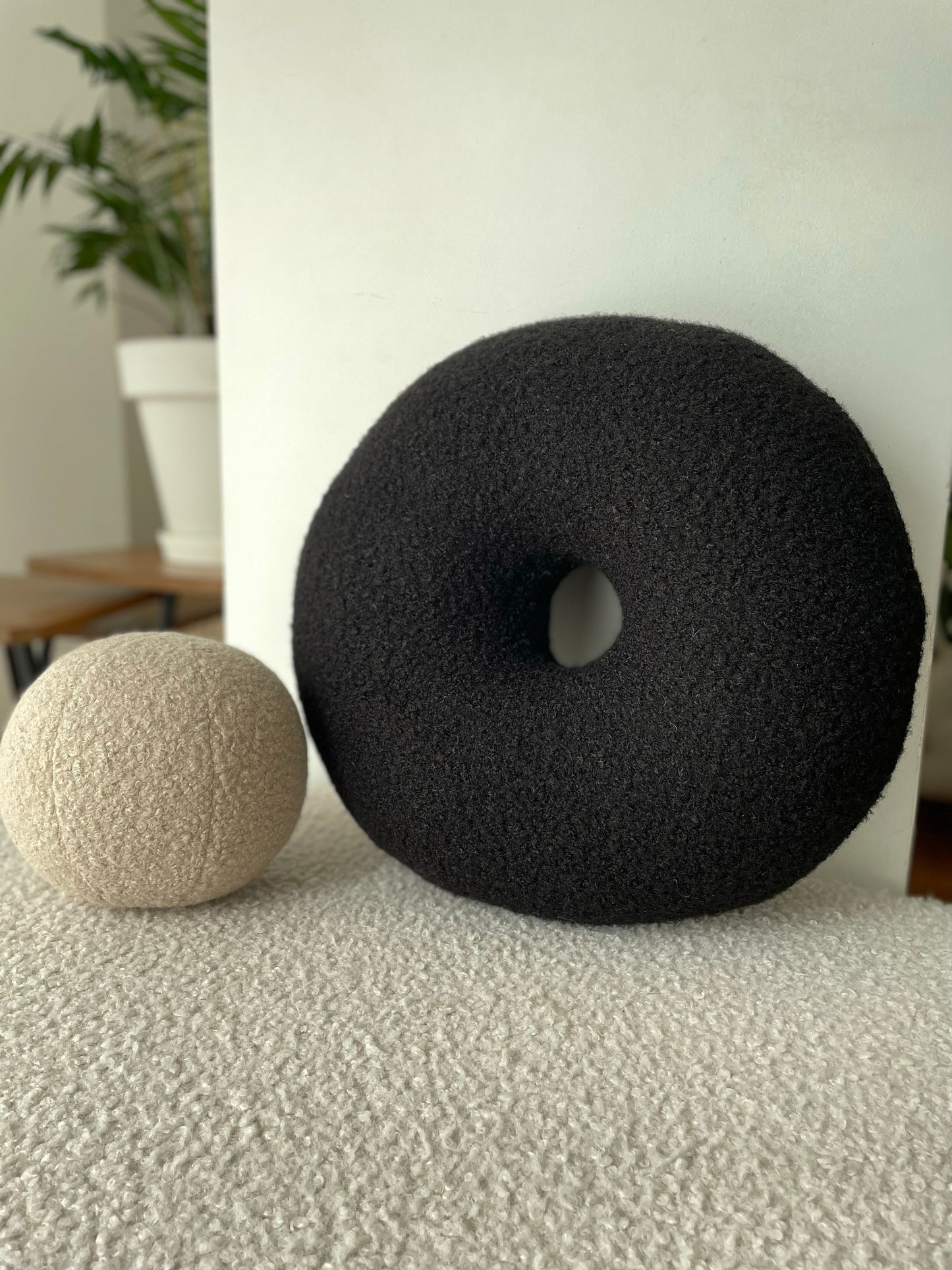 Black Boucle Donut Pillow: Modern Minimalist Home Decor