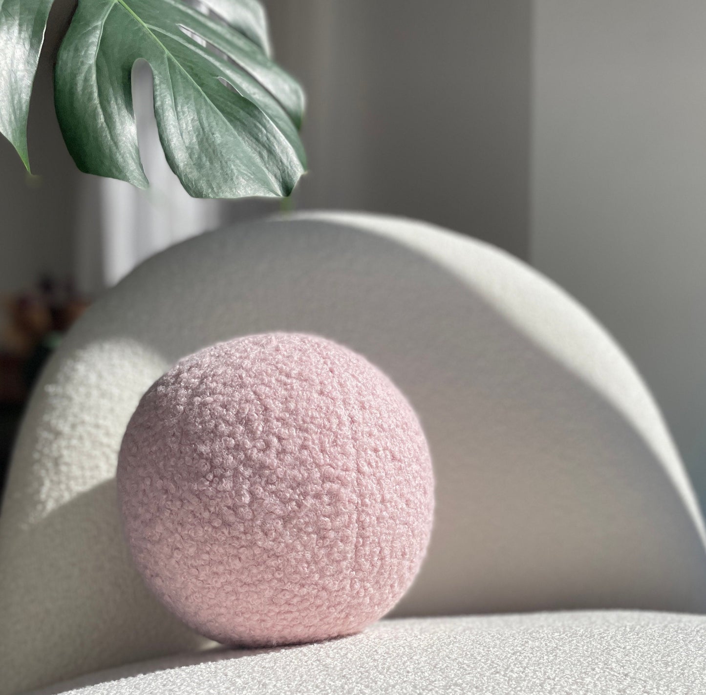 Handmade Boucle Ball Pillow: Powder Pink Teddy Cushion