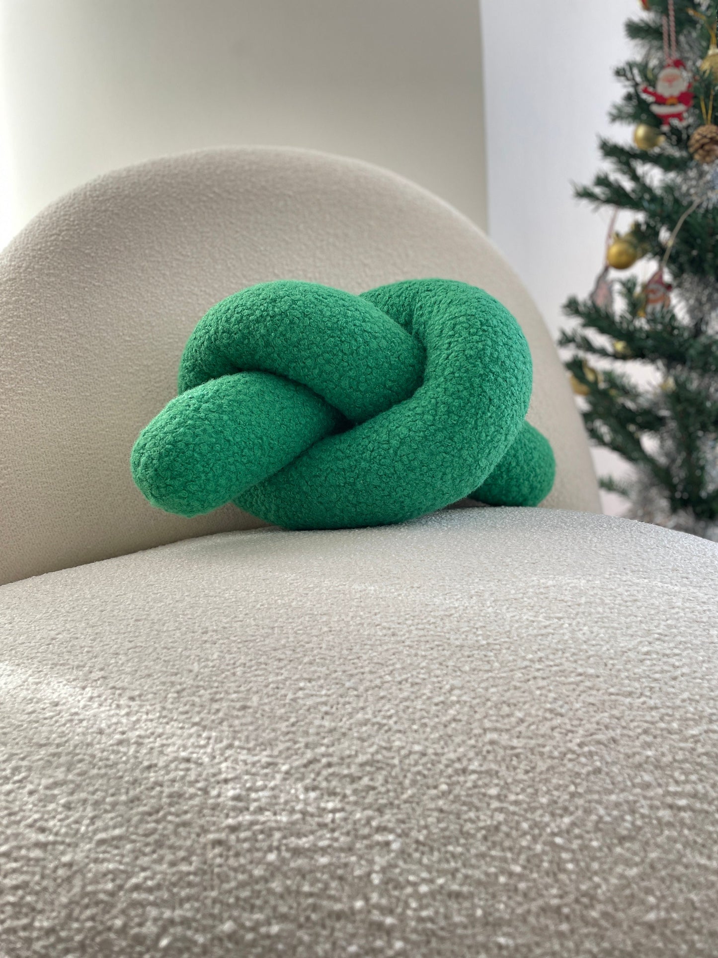 Green Boucle Knot Pillow: Handmade Decorative Ornament