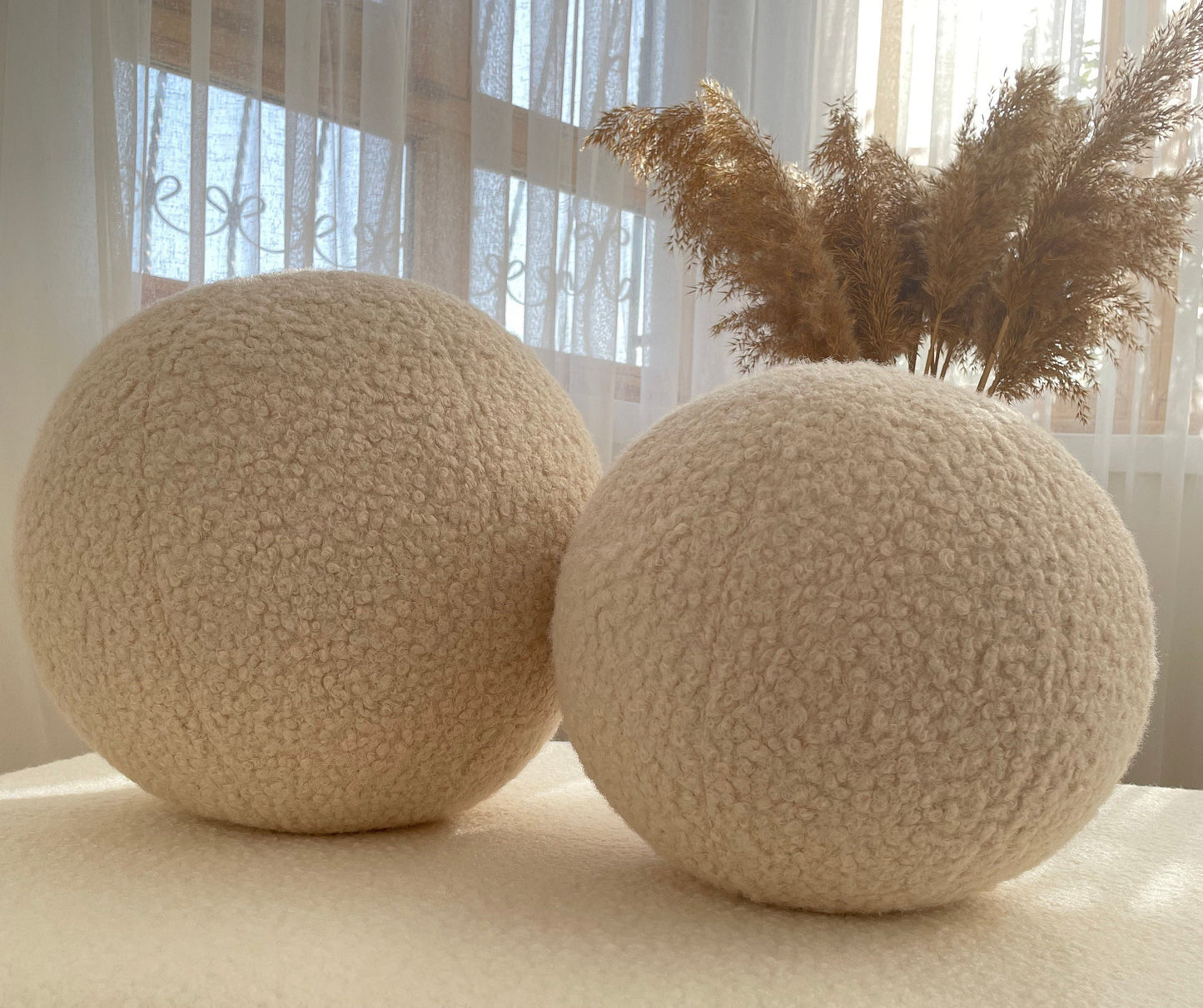 Boucle Ball Pillow: Light Beige Teddy Round Throw Cushion