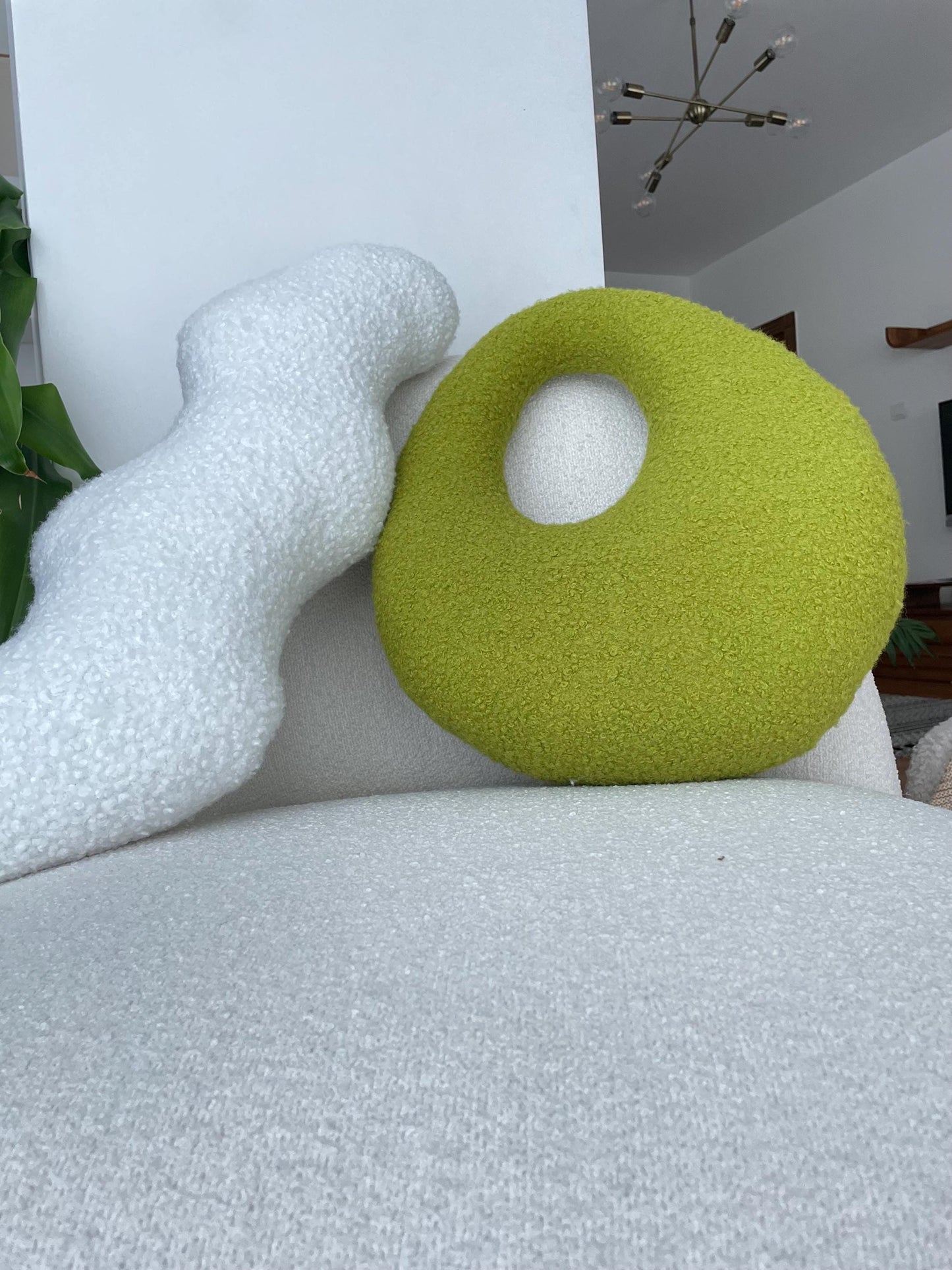 Amorphous Yellowish Green Boucle Cushion | Asymmetrical Design | Neutral Earthy Tones