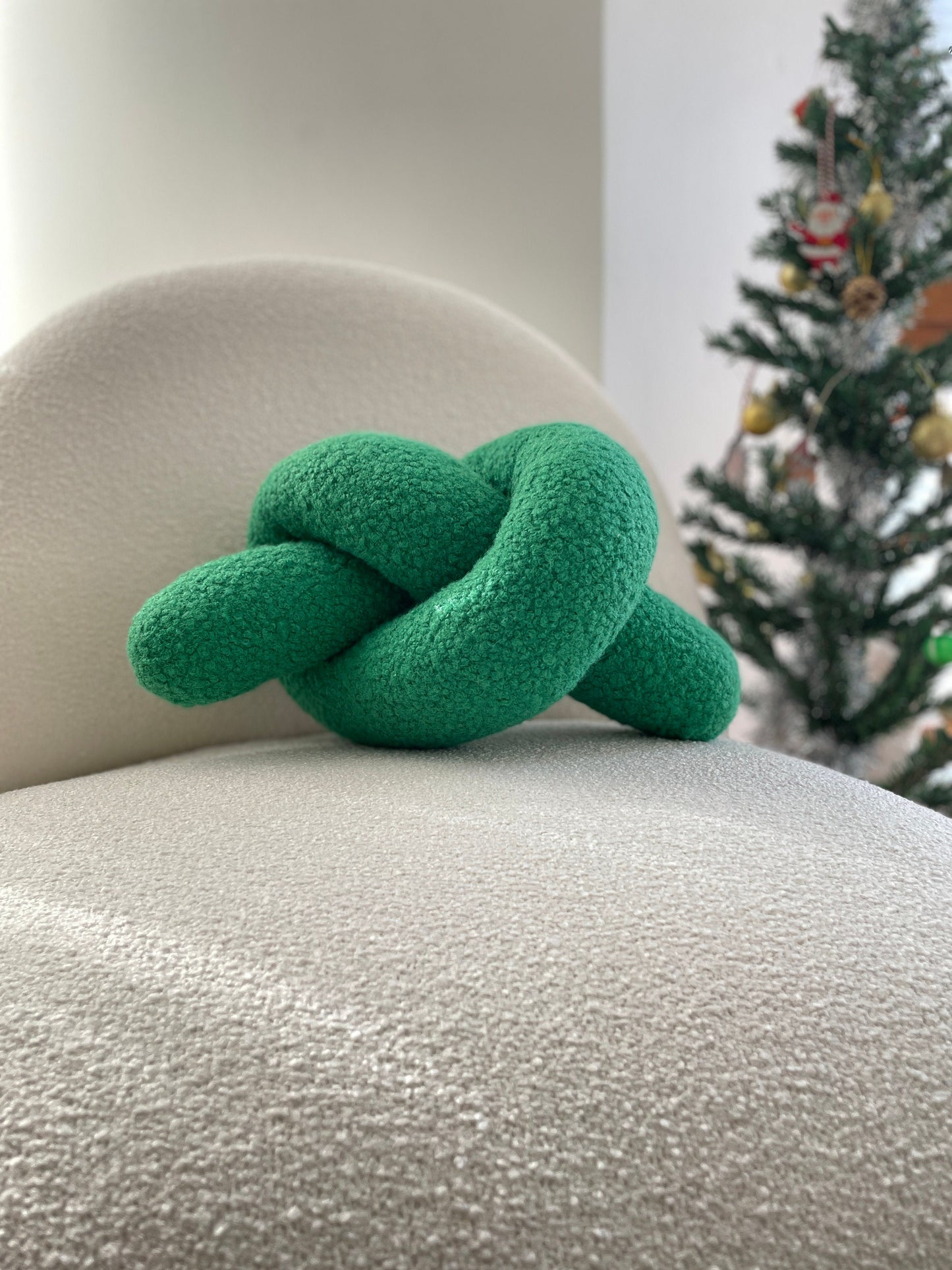 Green Boucle Knot Pillow: Handmade Decorative Ornament