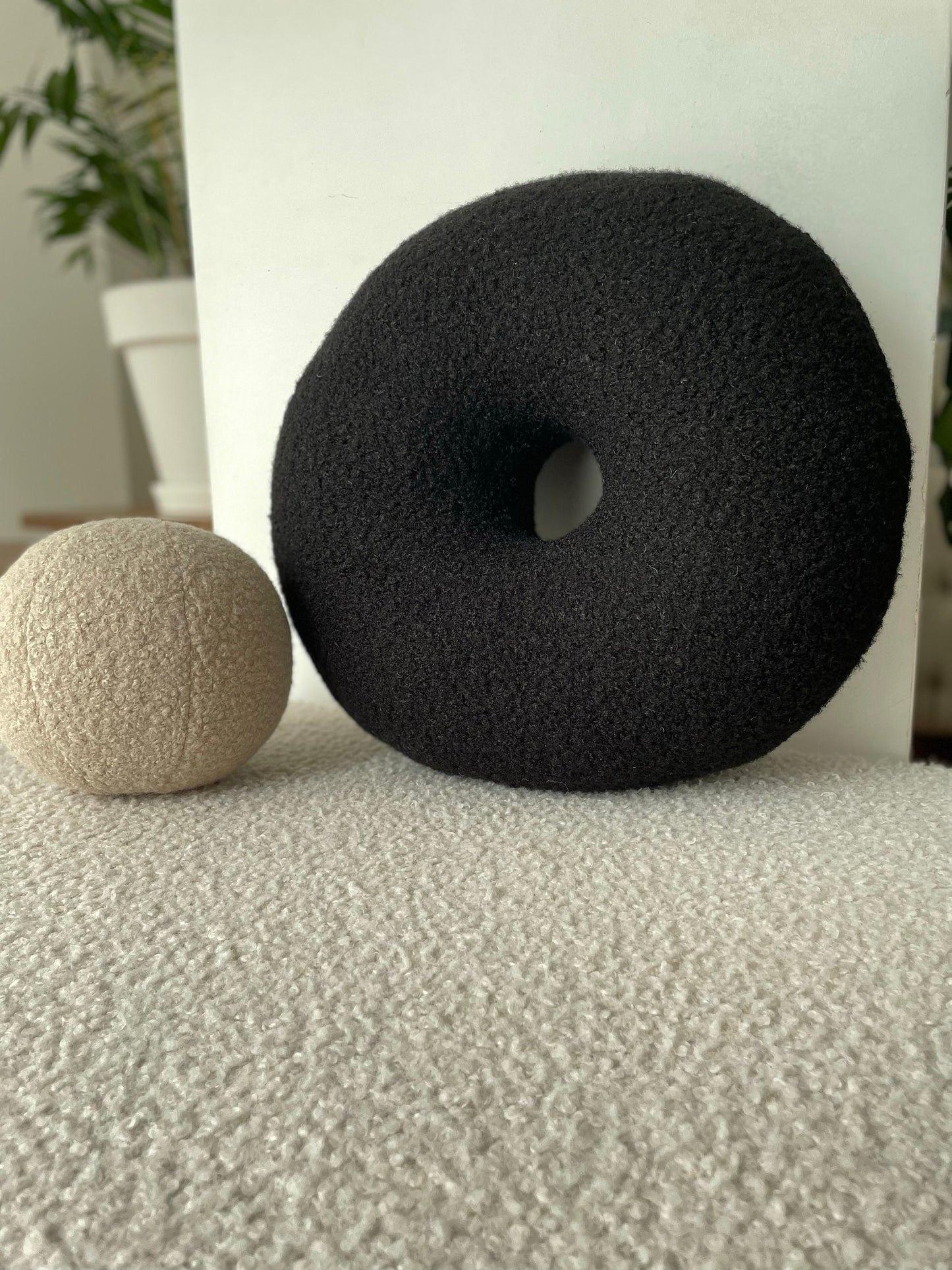 Black Boucle Donut Pillow: Modern Minimalist Home Decor