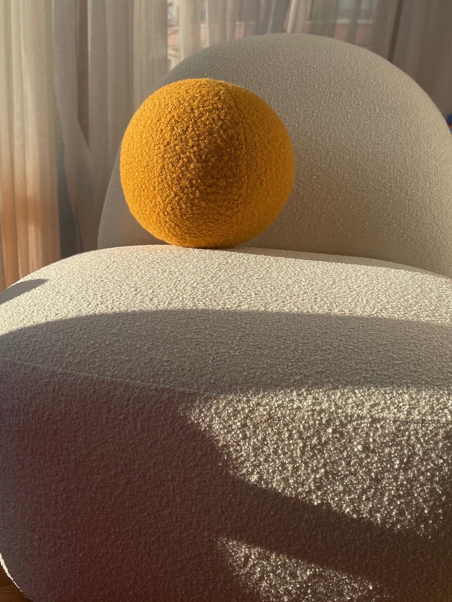 Handmade Boucle Ball Pillow: Mustard Teddy Round Cushion