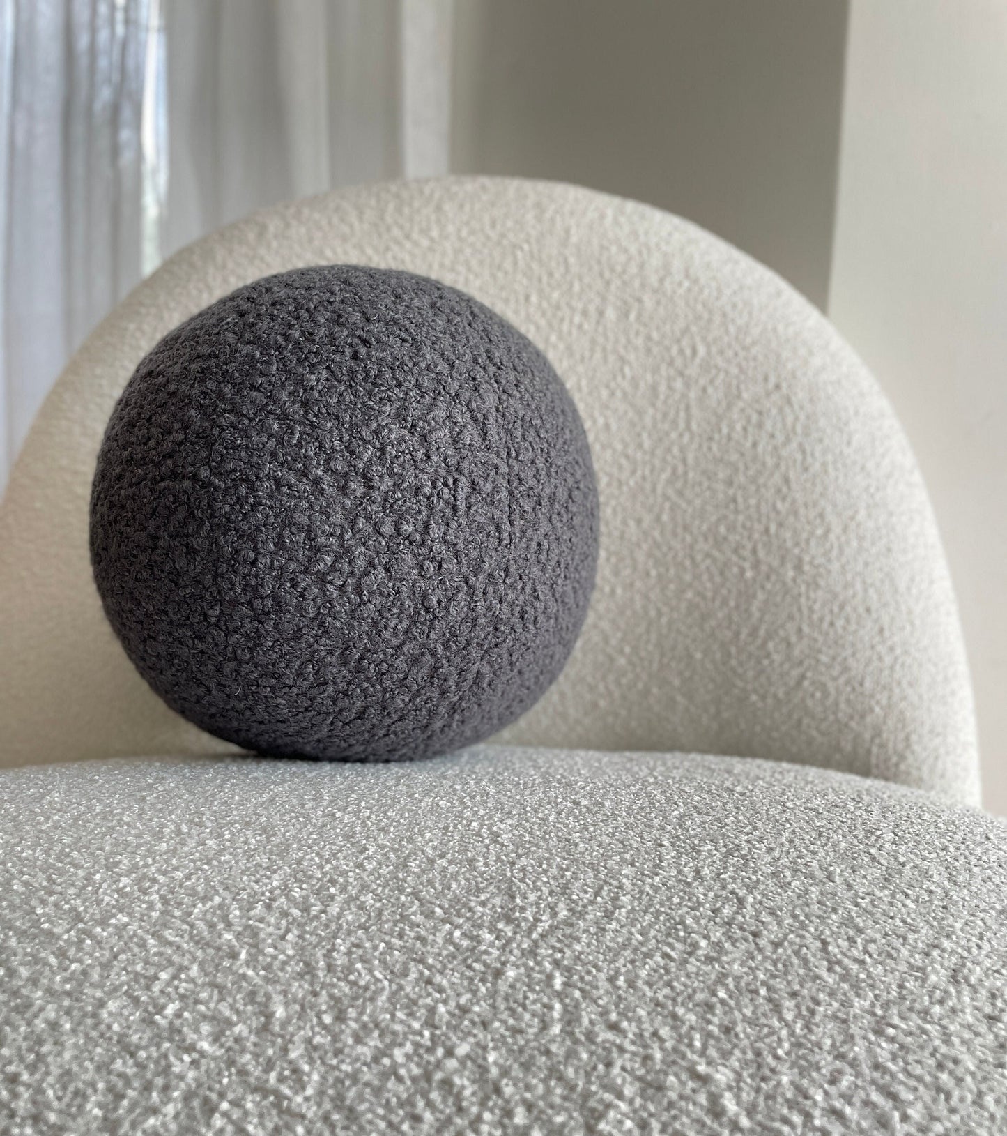 Handmade Boucle Ball Pillow: Dark Gray Teddy Cushion