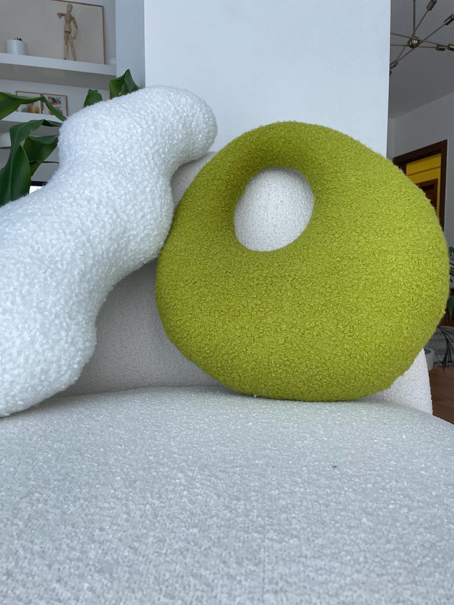 Amorphous Yellowish Green Boucle Cushion | Asymmetrical Design | Neutral Earthy Tones