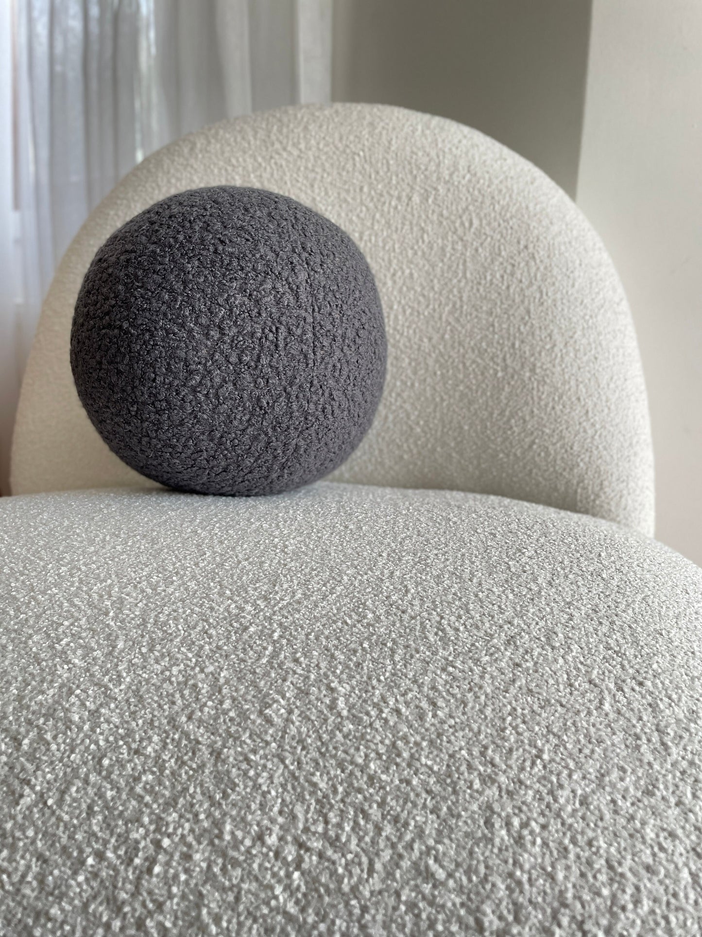 Handmade Boucle Ball Pillow: Dark Gray Teddy Cushion