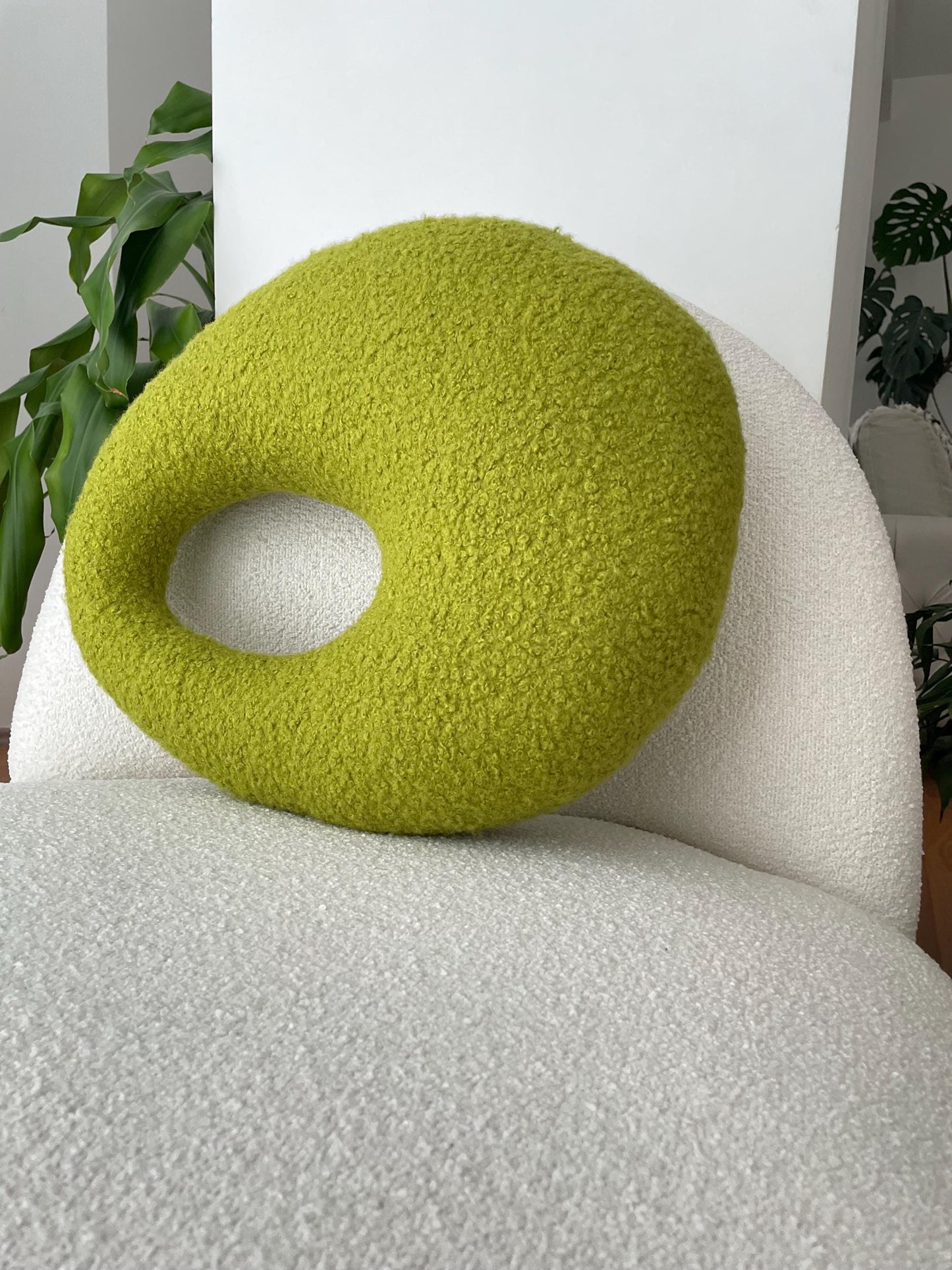 Amorphous Yellowish Green Boucle Cushion | Asymmetrical Design | Neutral Earthy Tones