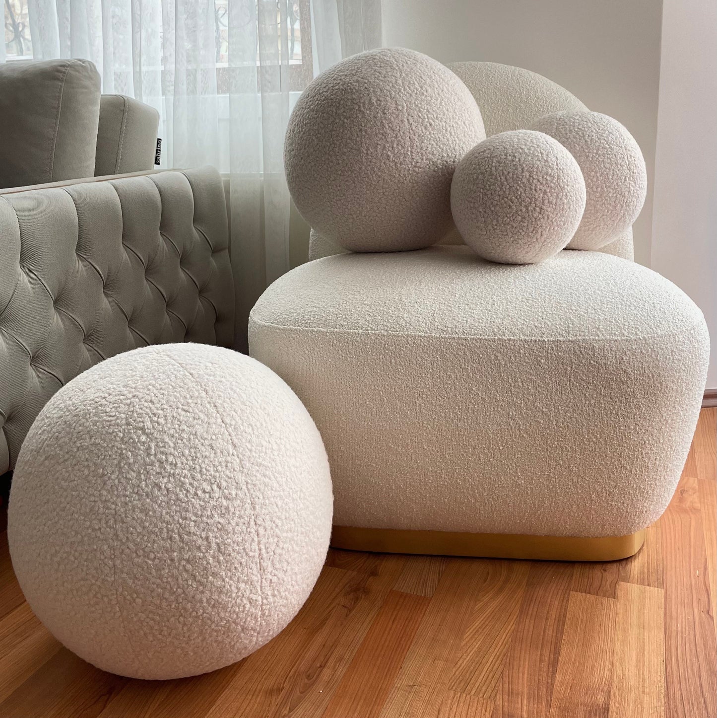 Boucle Ball Pillow: Light Beige Teddy Round Throw Cushion