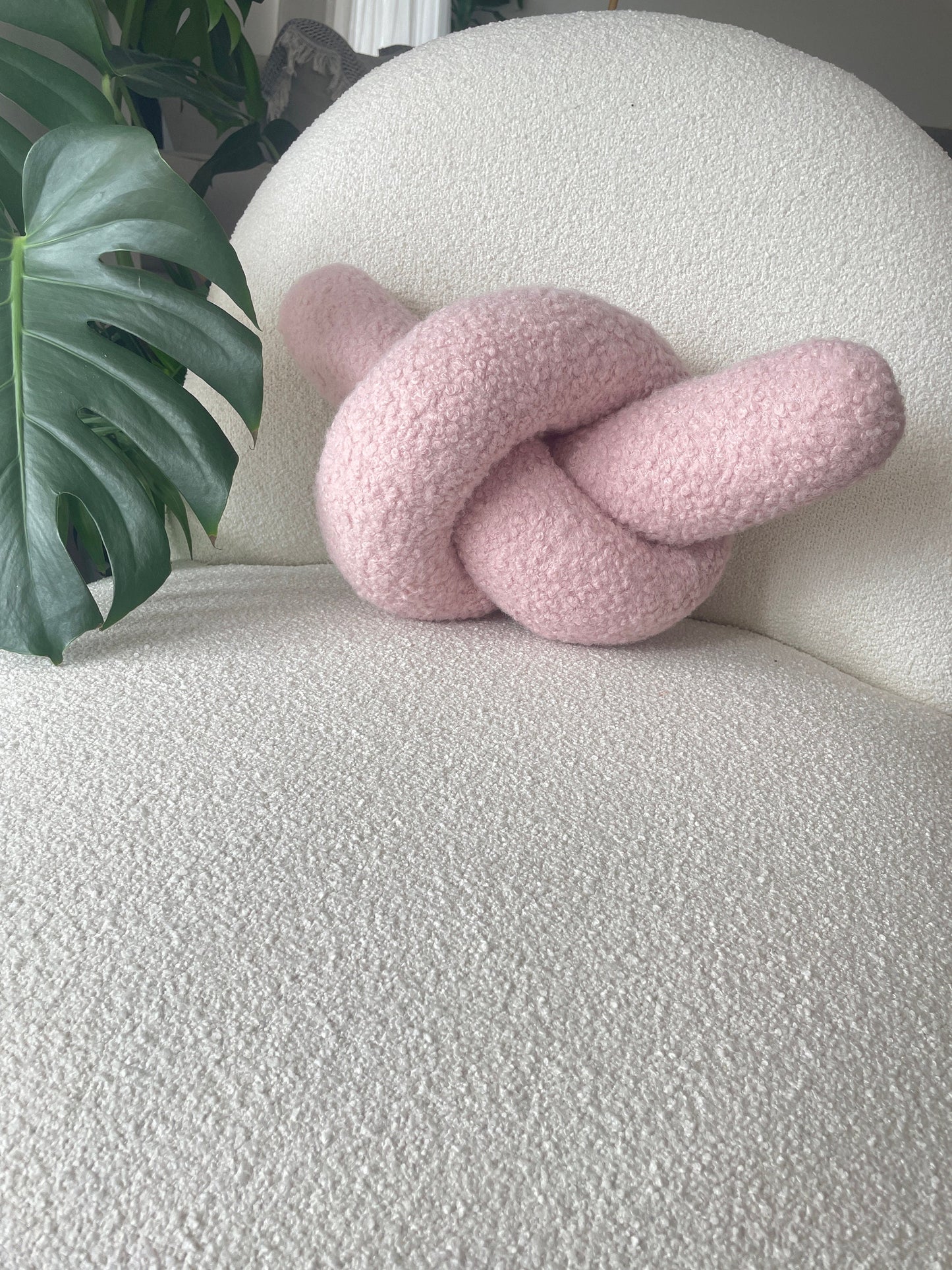 Powder Pink Boucle Knot Pillow: Handmade Decorative Cushion