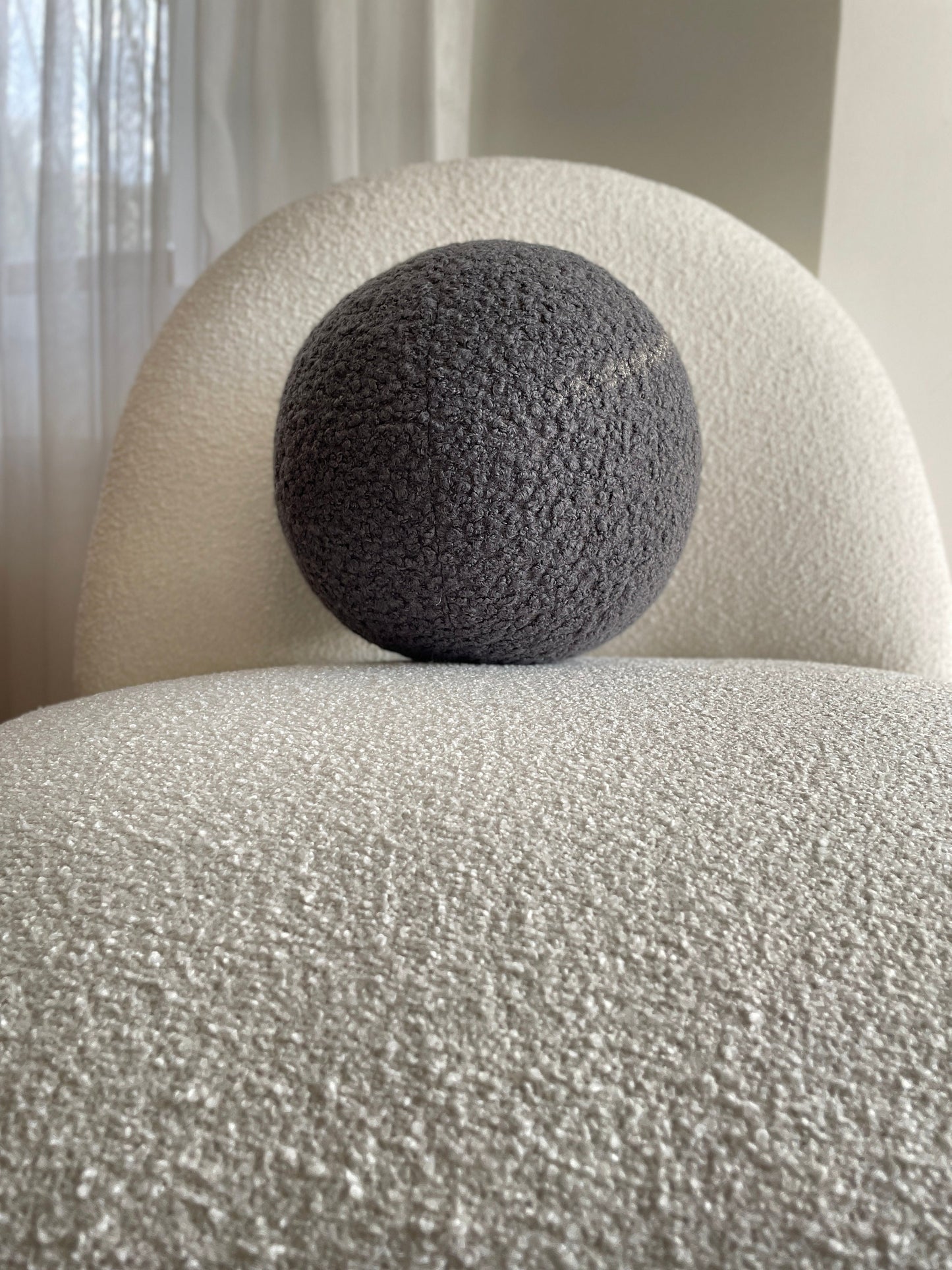 Handmade Boucle Ball Pillow: Dark Gray Teddy Cushion