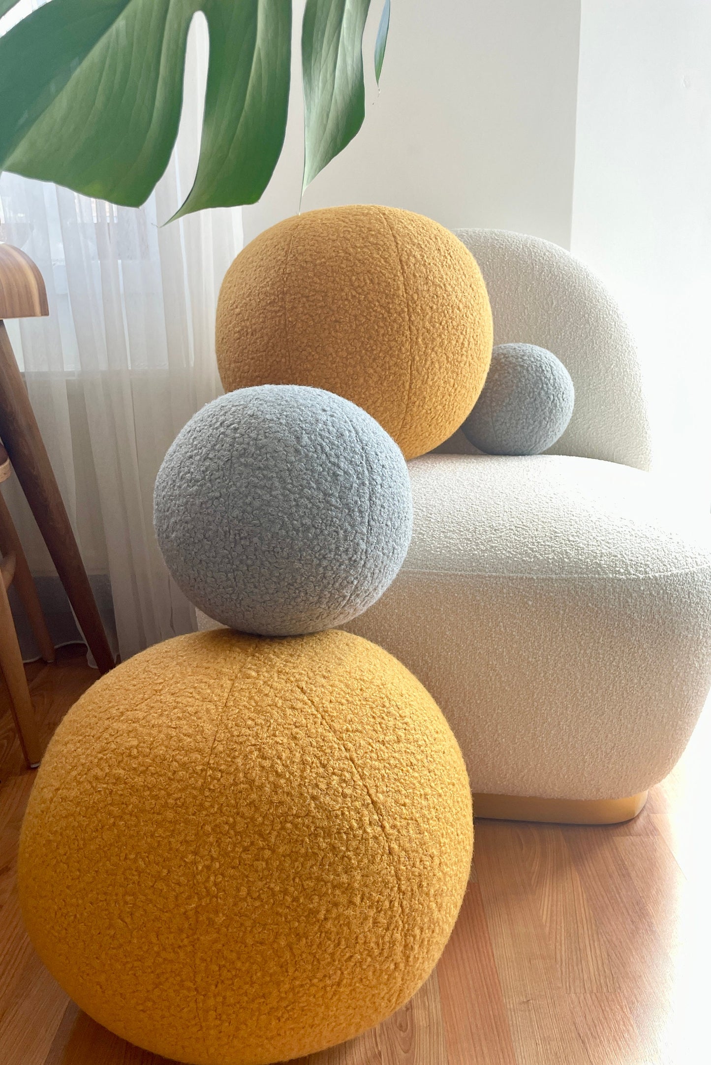 Handmade Boucle Ball Pillow: Mustard Teddy Round Cushion