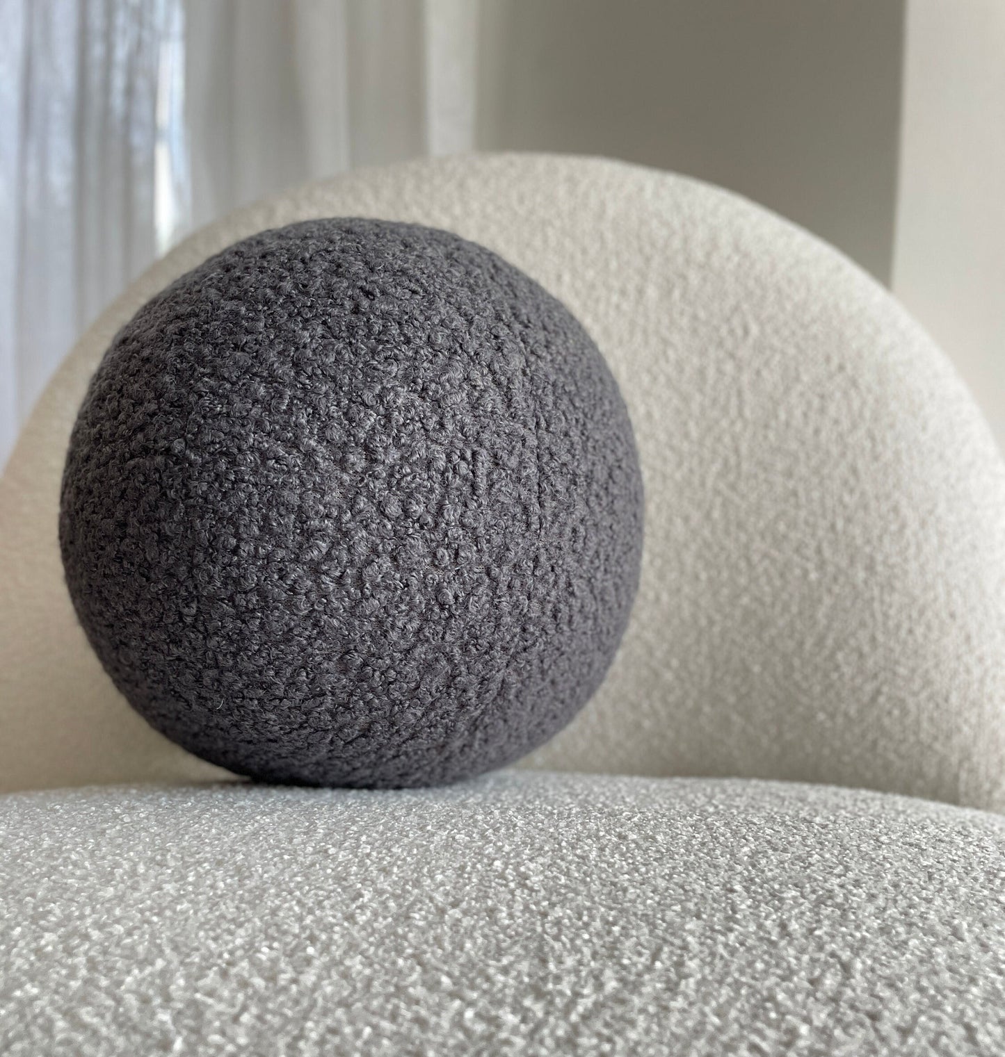 Handmade Boucle Ball Pillow: Dark Gray Teddy Cushion