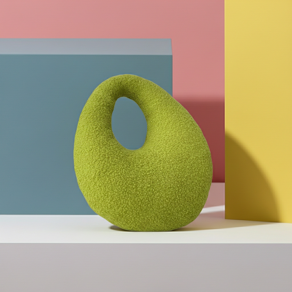 Amorphous Yellowish Green Boucle Cushion | Asymmetrical Design | Neutral Earthy Tones