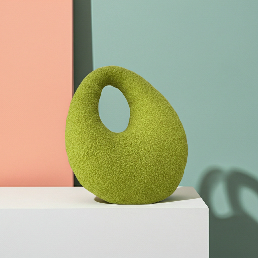 Amorphous Yellowish Green Boucle Cushion | Asymmetrical Design | Neutral Earthy Tones