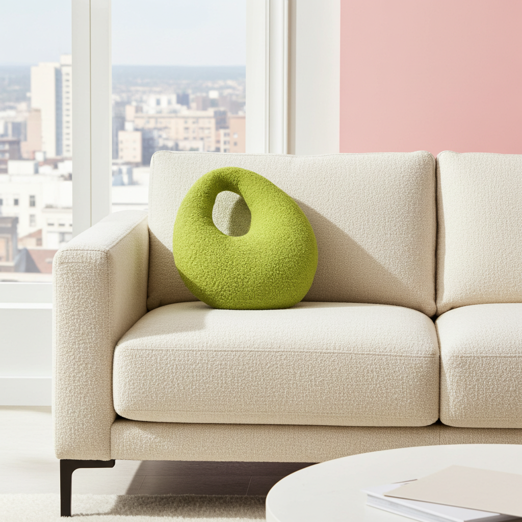 Amorphous Yellowish Green Boucle Cushion | Asymmetrical Design | Neutral Earthy Tones