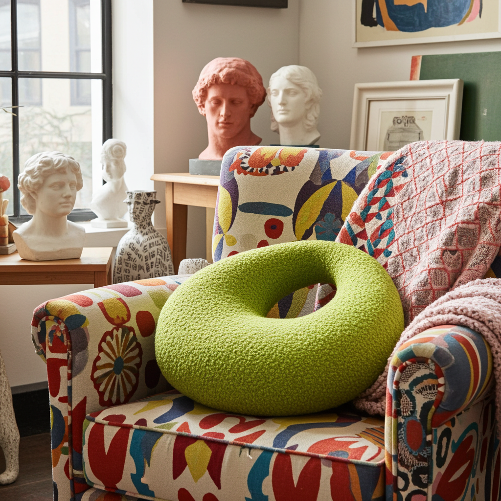 Amorphous Yellowish Green Boucle Cushion | Asymmetrical Design | Neutral Earthy Tones