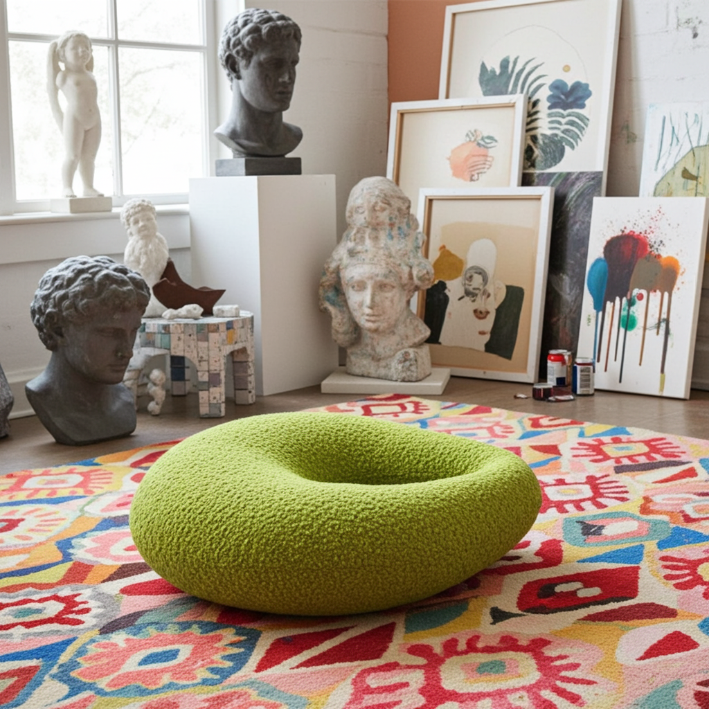 Amorphous Yellowish Green Boucle Cushion | Asymmetrical Design | Neutral Earthy Tones